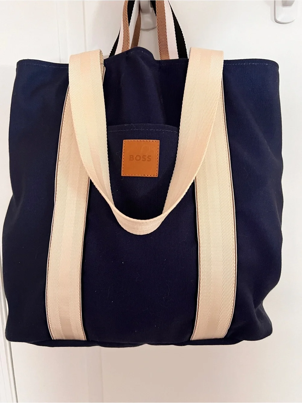 BOSS Navy Canvas Tote with Cream Straps and Tan Logo Patch